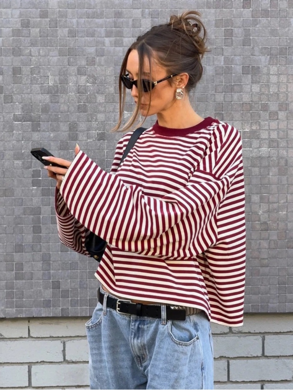 Lioness Burgundy & White Stripe Oversized Long Sleeve Top NWT Size XXS